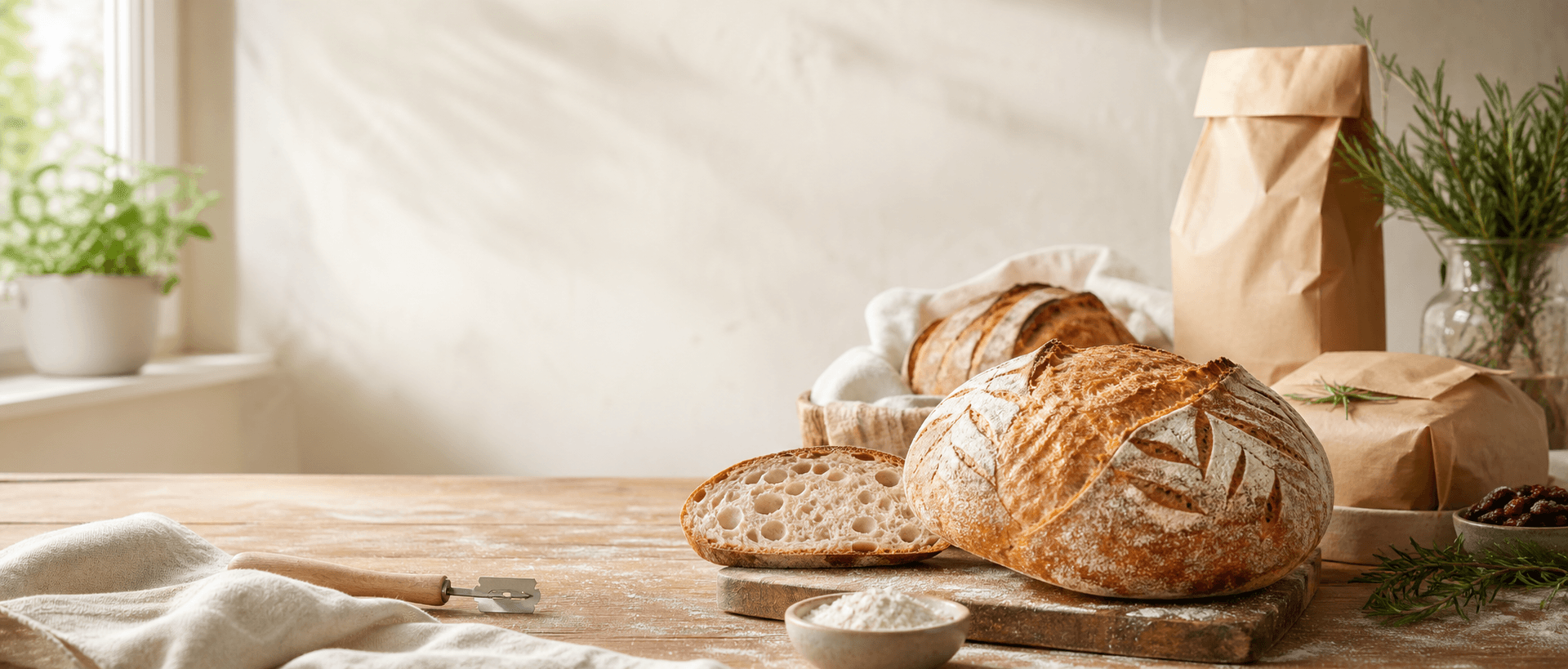 Fresh sourdough loaves on a warm bakery counter